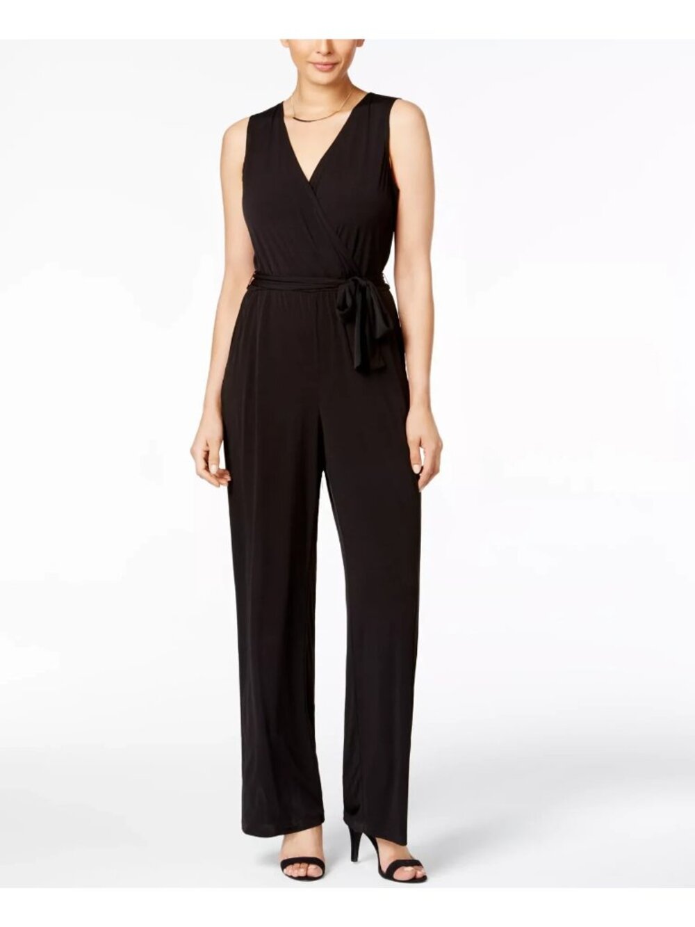 NY COLLECTION Surplice Belted Wide-Leg Jumpsuit Black Petite Size PXS $65